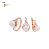 Elegante conjunto de joyería de moda en dos tonos de oro rosa con perla redonda y anillos