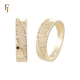Slash of white CZs paved 14K Gold, Rose Gold Wedding Set Rings