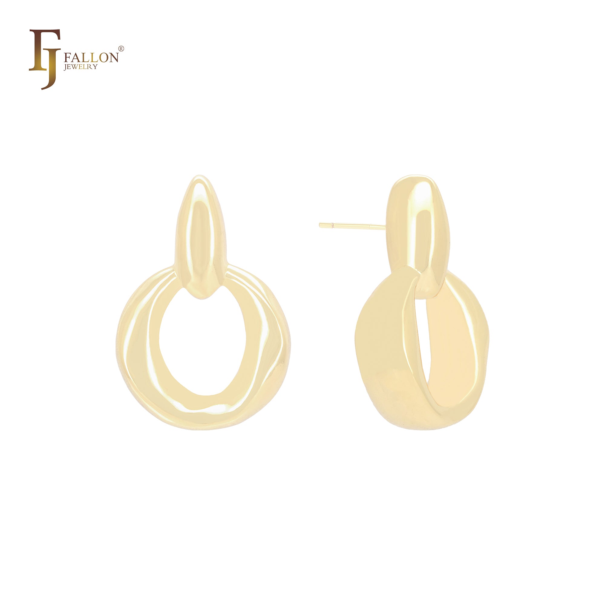 Brincos de pino em formato de cadeado irregular com círculo geométrico em ouro 14K, ouro rosa e ouro branco