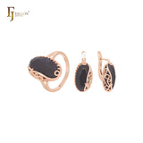 Conjunto de joias gigantes de ouro rosa com corte oval preto e anéis