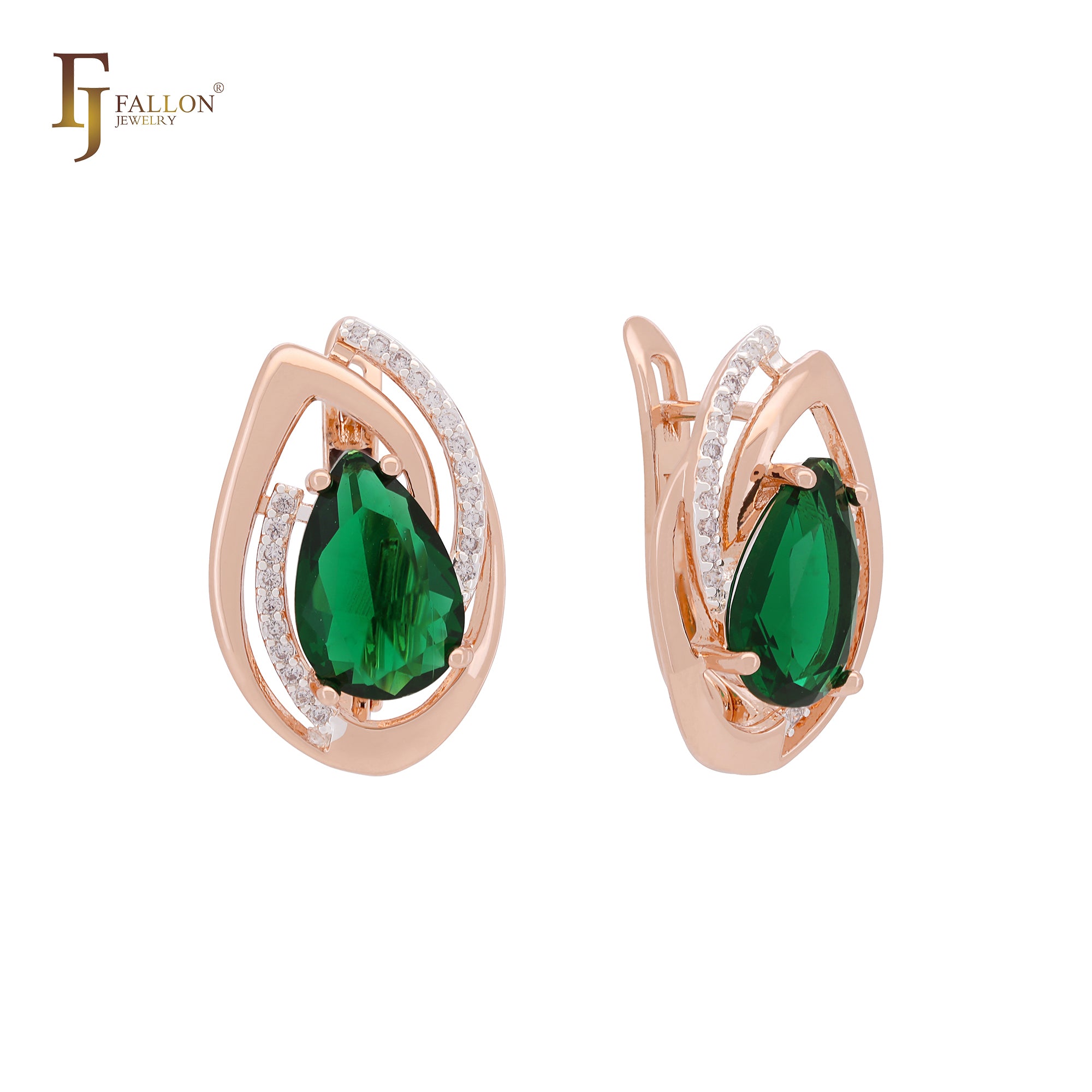 Double teardrop shaped leaves of white CZ solitaire CZ Rose Gold two tone Clip-On Earrings