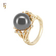 Solitaire Black Pearl paved flower white CZs 14K Gold Fashion Rings