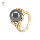 Solitaire Black Pearl paved flower white CZs 14K Gold Fashion Rings