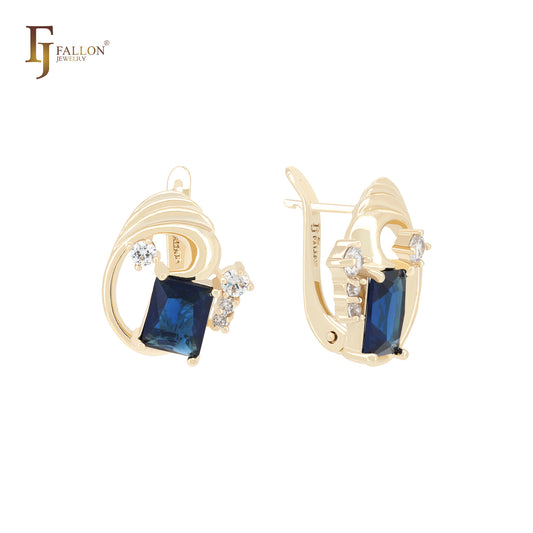 Wave of white CZs Solitaire Blue CZ 14K Gold, Rose Gold Clip-On Earrings