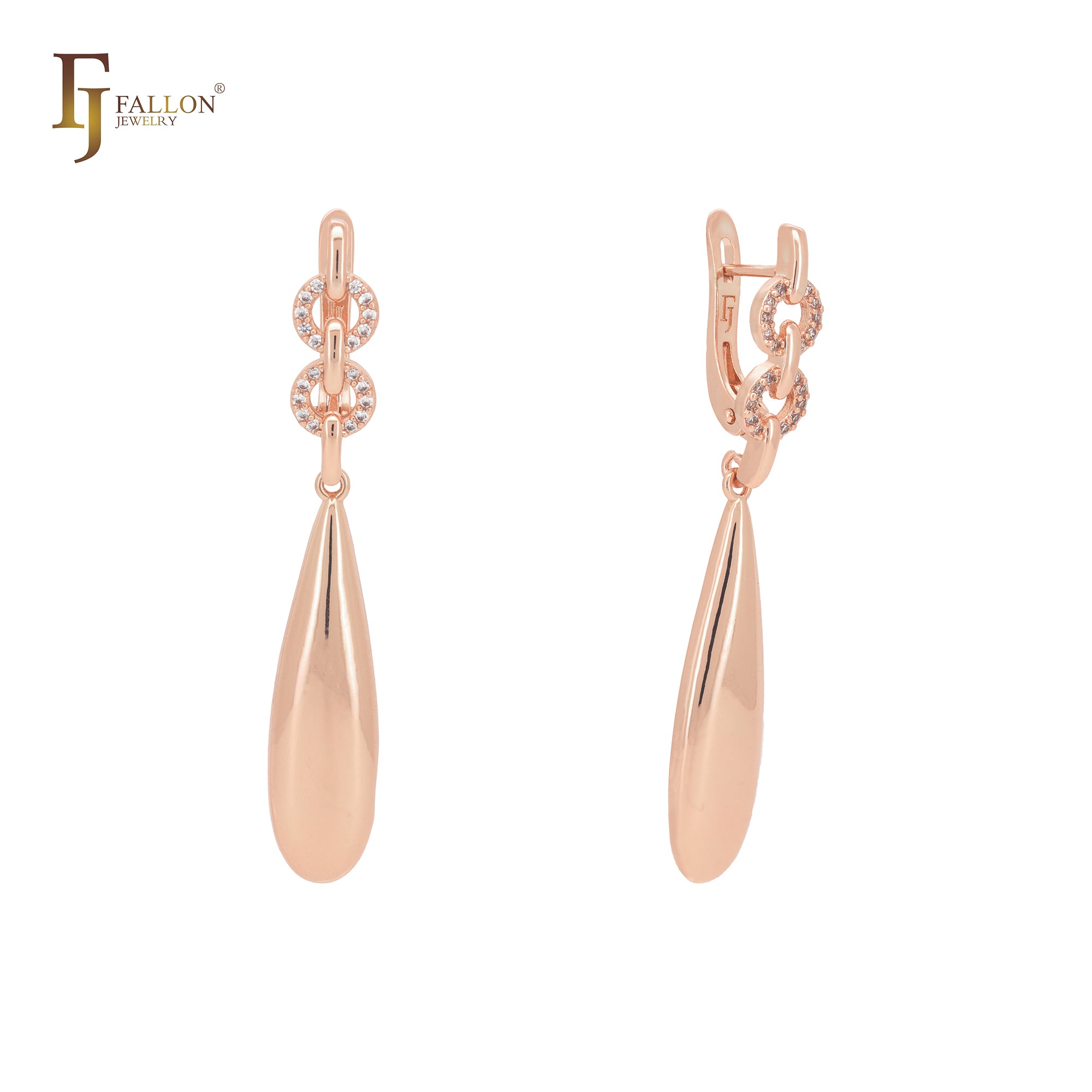 Double white CZs circles and drop beads Rose Gold Russian Lock Earrings
