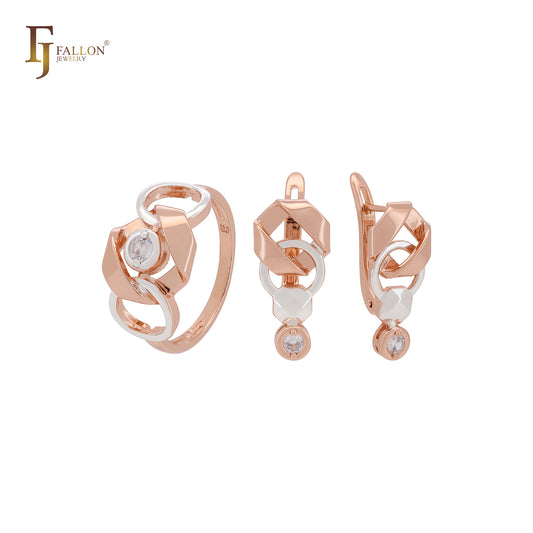 Mixed chain circle link geometric solitaire white CZ Rose Gold two tone Jewelry Set with Rings