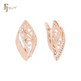 Oval branches of filigree white CZs Rose Gold two tone Russian Lock Earrings