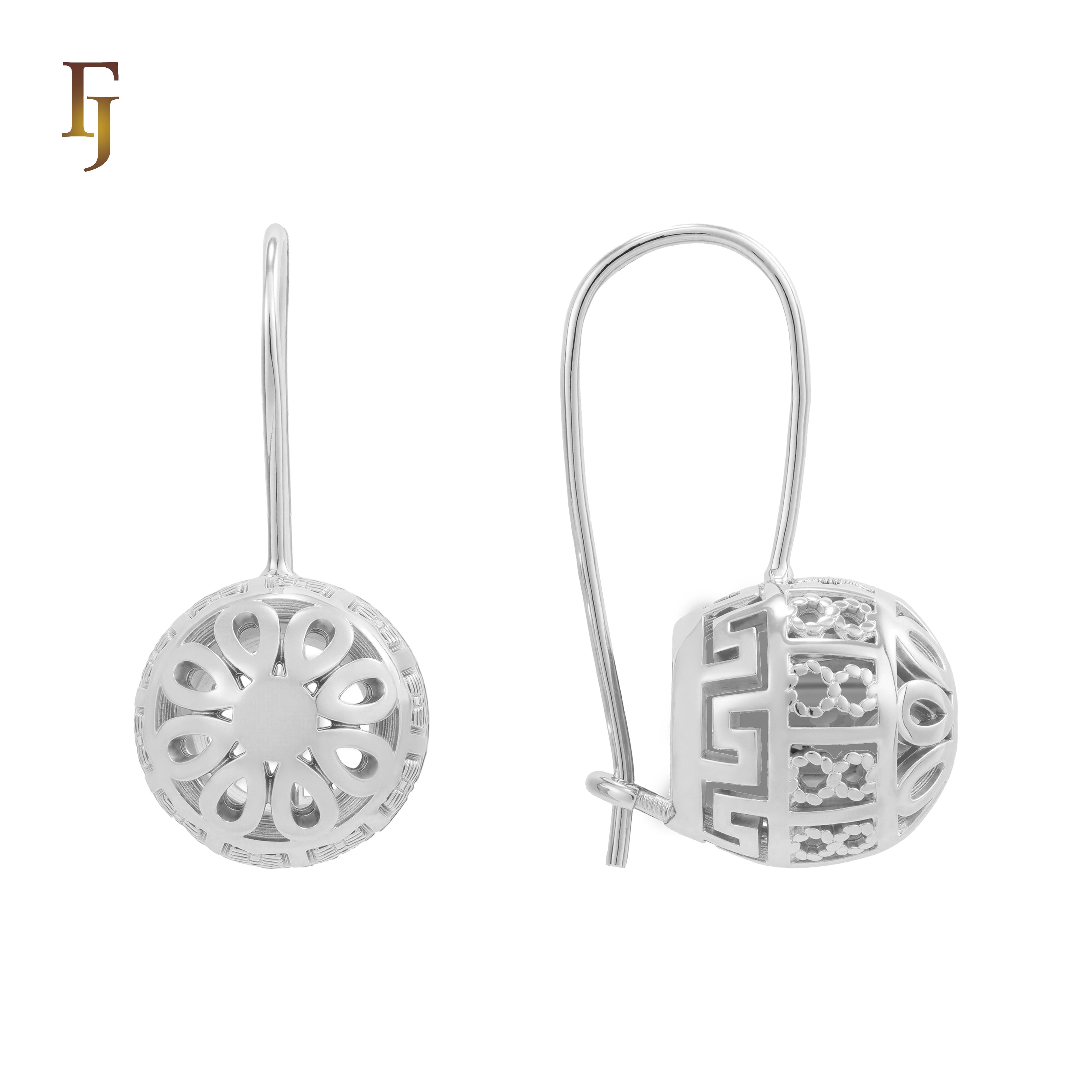 Rose Gold Wire Hook Earrings – Dome Cutout Floral & Greek Key Pattern | Retro Filigree Non-Tarnish Jewelry by FJ