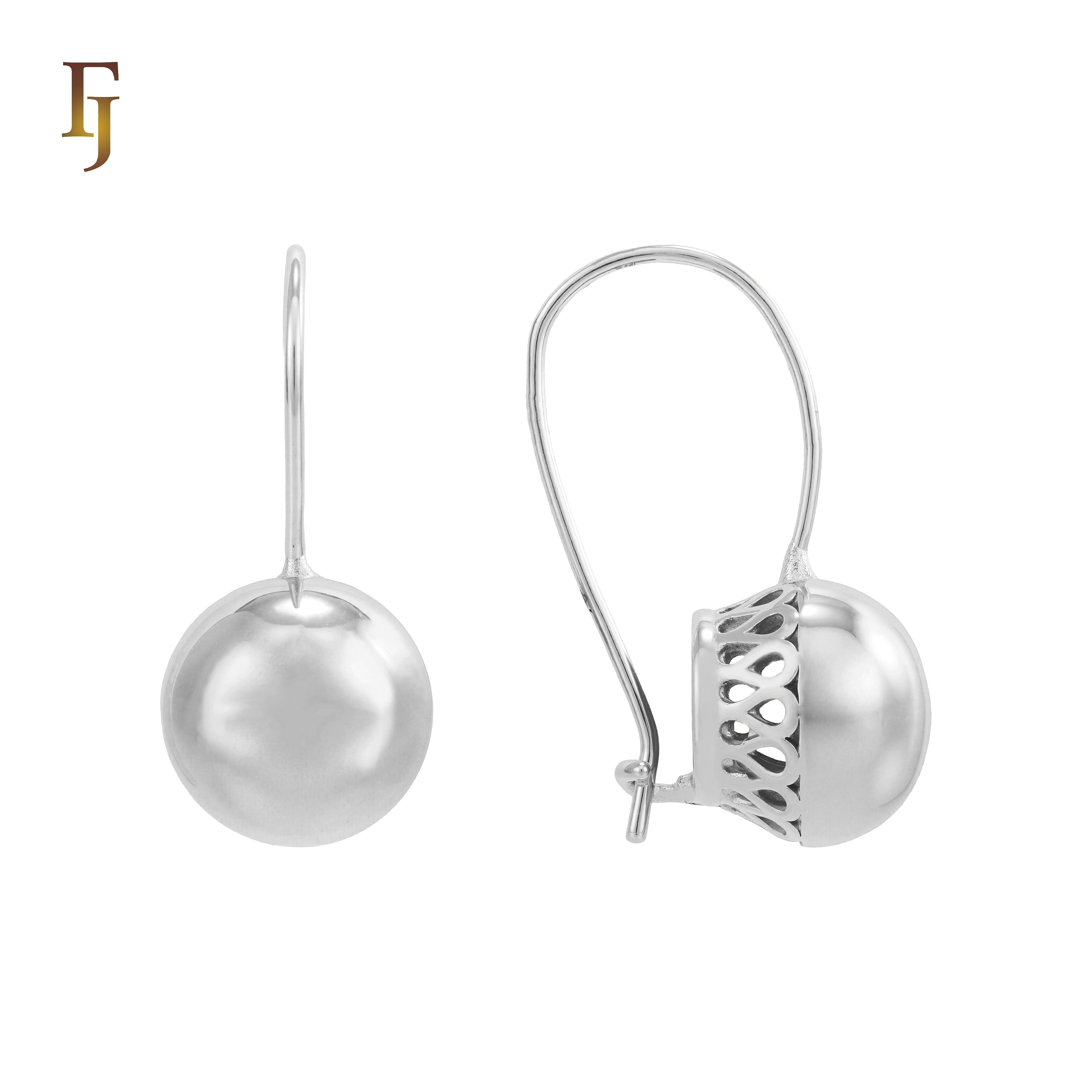 White Gold Wire Hook Earrings – Polished Dome Drop with Openwork Back Elegant Non-Tarnish Jewelry by FJ