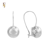 White Gold Wire Hook Earrings – Polished Dome Drop with Openwork Back Elegant Non-Tarnish Jewelry by FJ