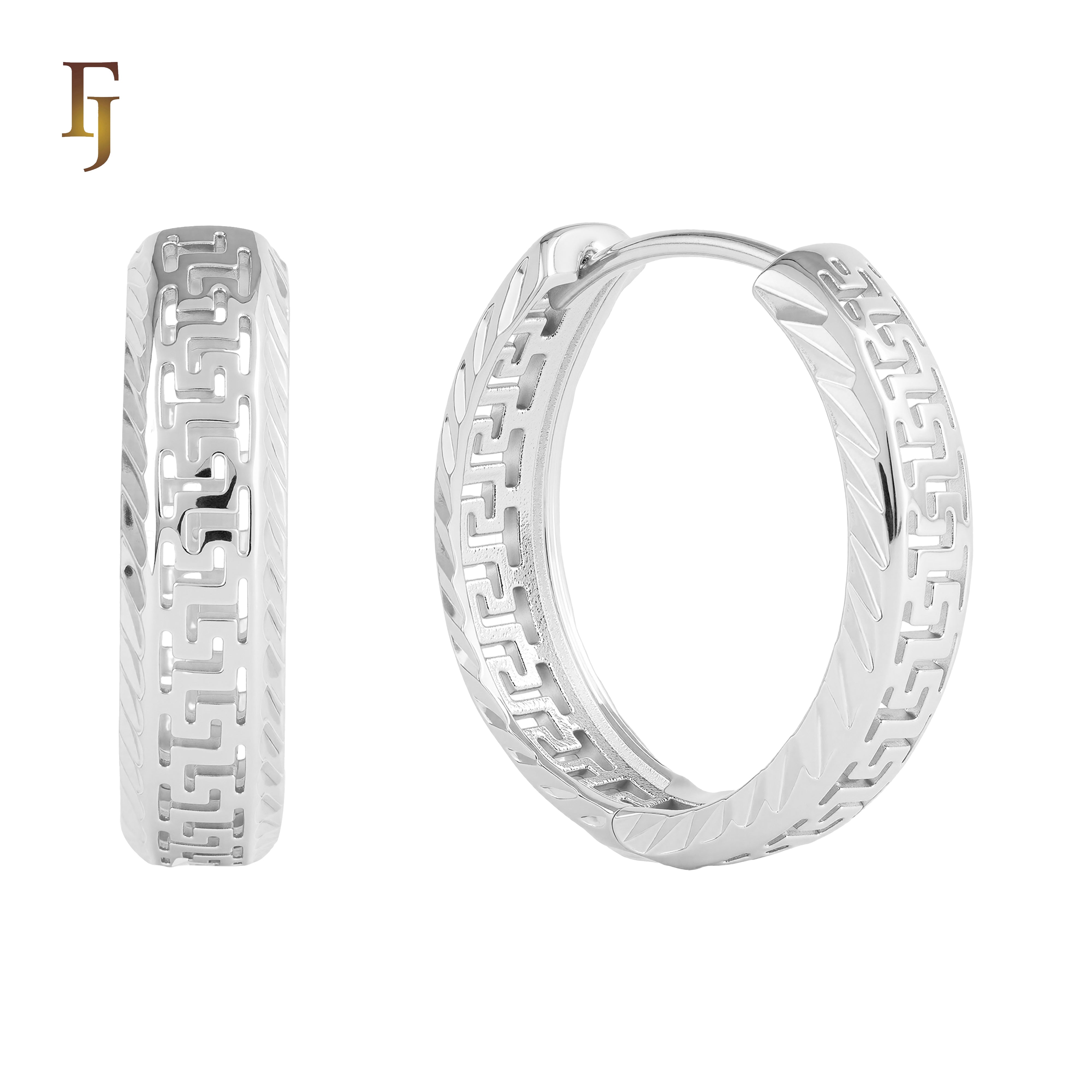 Greek Key Pattern Hoop Earrings in 18K Gold Plated Brass | Geometric Huggie Earrings for Women | FJ Fallon Jewelry