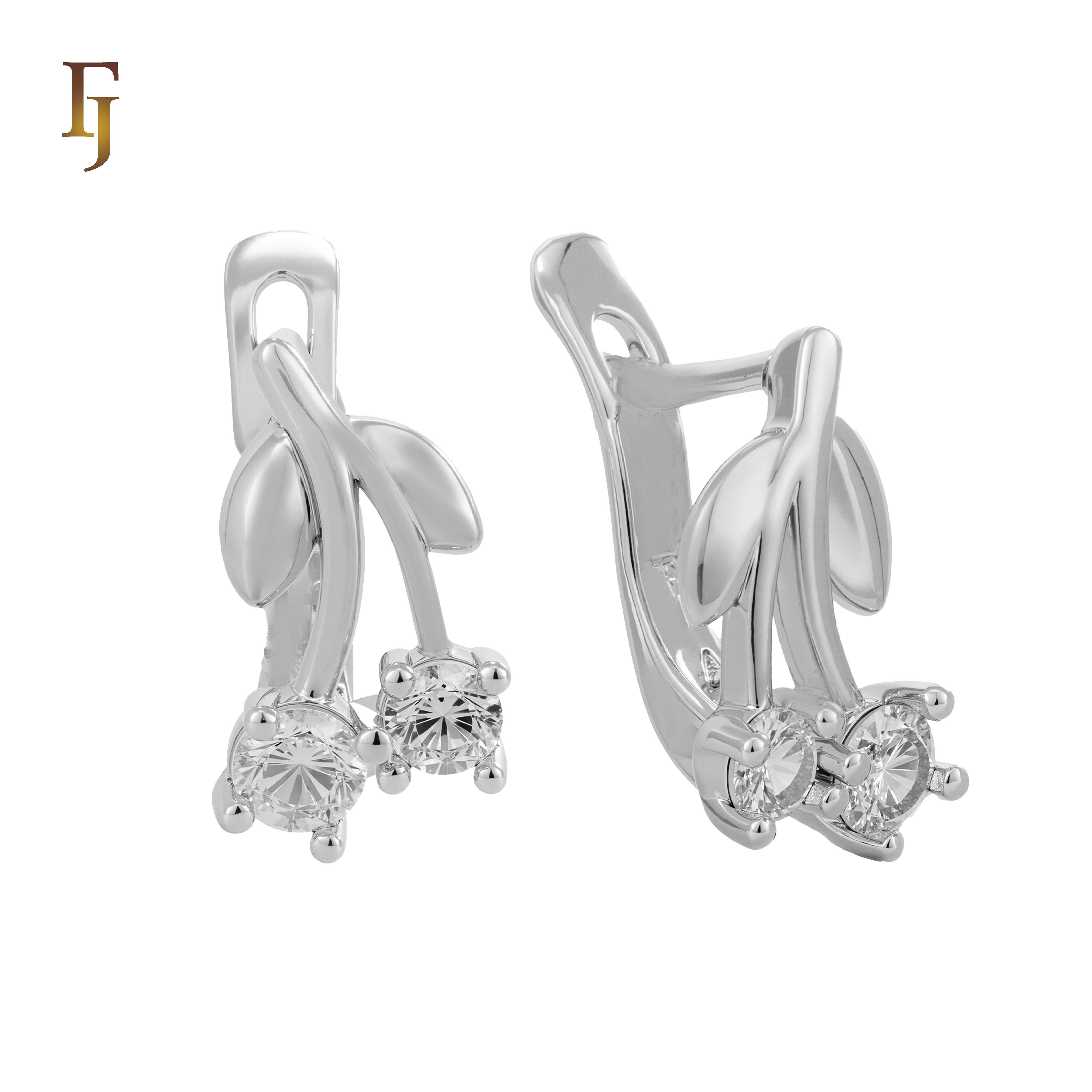 Child Russian Lock Earrings – Leaf and Branch Design with CZ Drops | Kids Nature-Inspired Jewelry by FJ