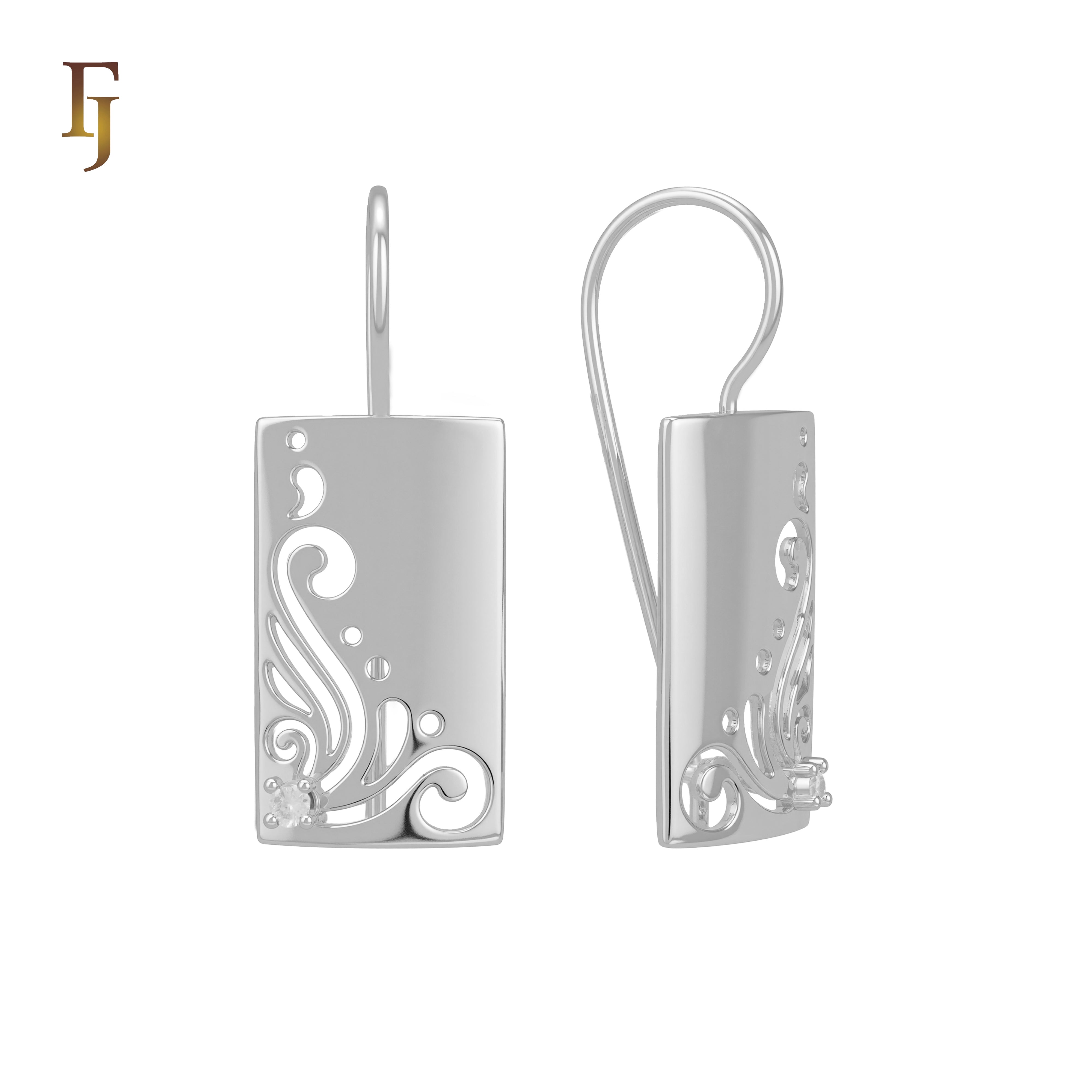 Gold Plated Wire Hook Earrings – Rectangular Panel with Swirl Cutout & CZ Accent | Artistic Lightweight Jewelry by FJ