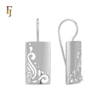 Gold Plated Wire Hook Earrings – Rectangular Panel with Swirl Cutout & CZ Accent | Artistic Lightweight Jewelry by FJ