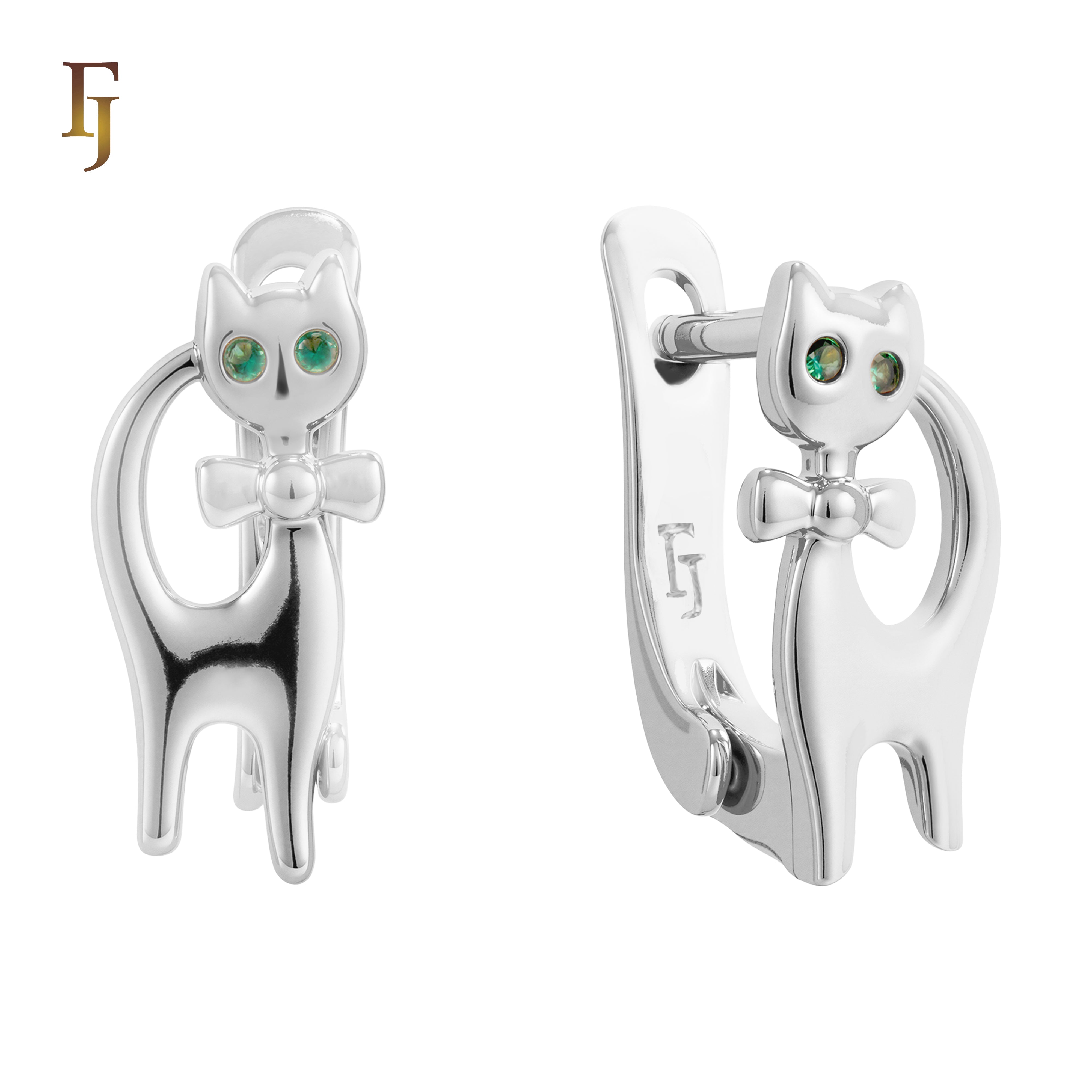 Cute Gold Cat Earrings with Green CZ Eyes and Bow – Adorable Animal Jewelry for Girls and Women