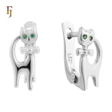 Cute Gold Cat Earrings with Green CZ Eyes and Bow – Adorable Animal Jewelry for Girls and Women