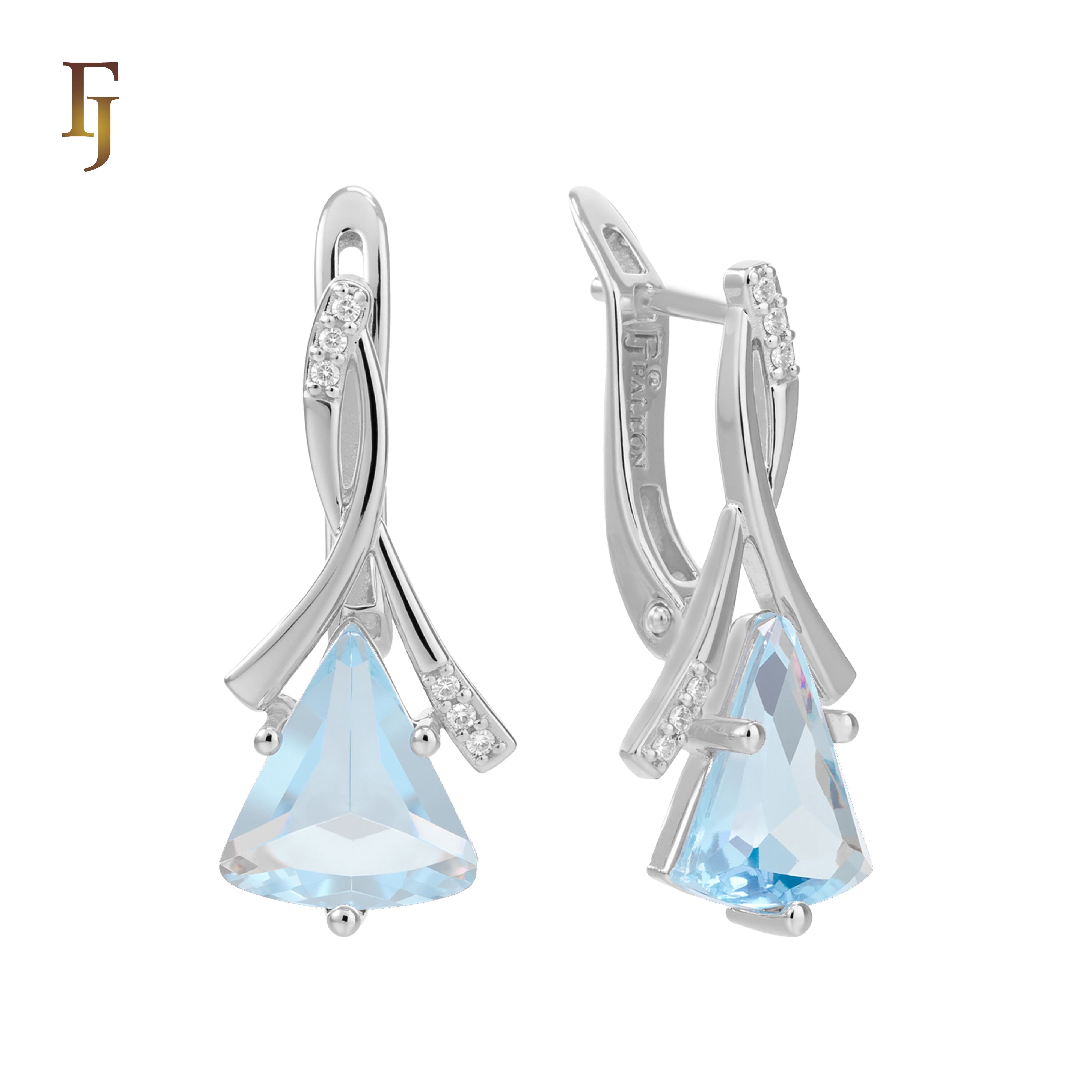 🔥 Gold Russian Lock Earrings – Blue Triangle CZ Drop with Crisscross Pavé Design | Elegant Non-Tarnish Jewelry by FJ