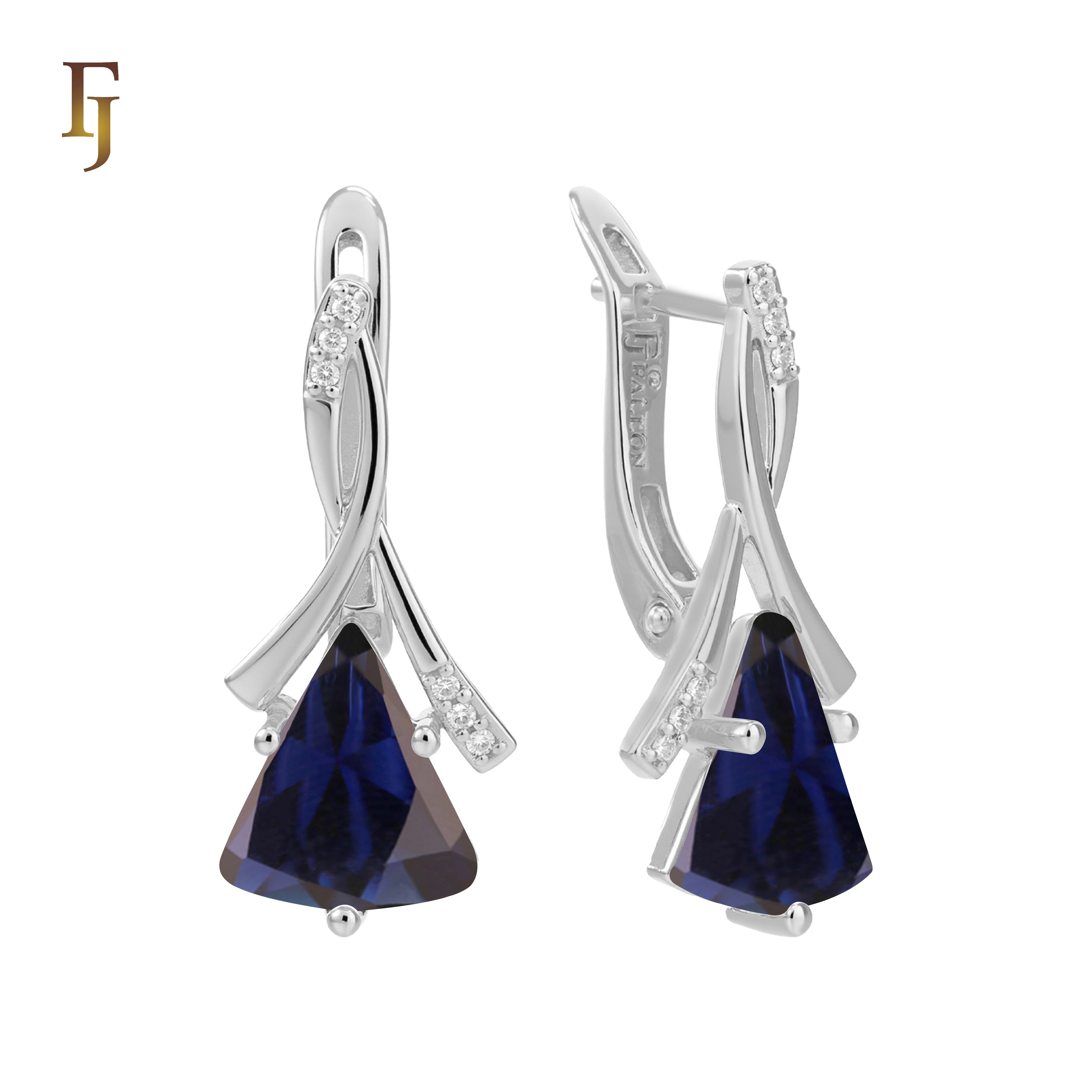 🔥 Gold Russian Lock Earrings – Blue Triangle CZ Drop with Crisscross Pavé Design | Elegant Non-Tarnish Jewelry by FJ