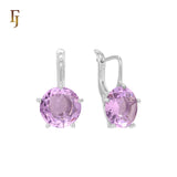 Gold Russian Lock Earrings – Round Light Purple CZ Four-Prong Drop | Minimalist Non-Tarnish Jewelry by FJ