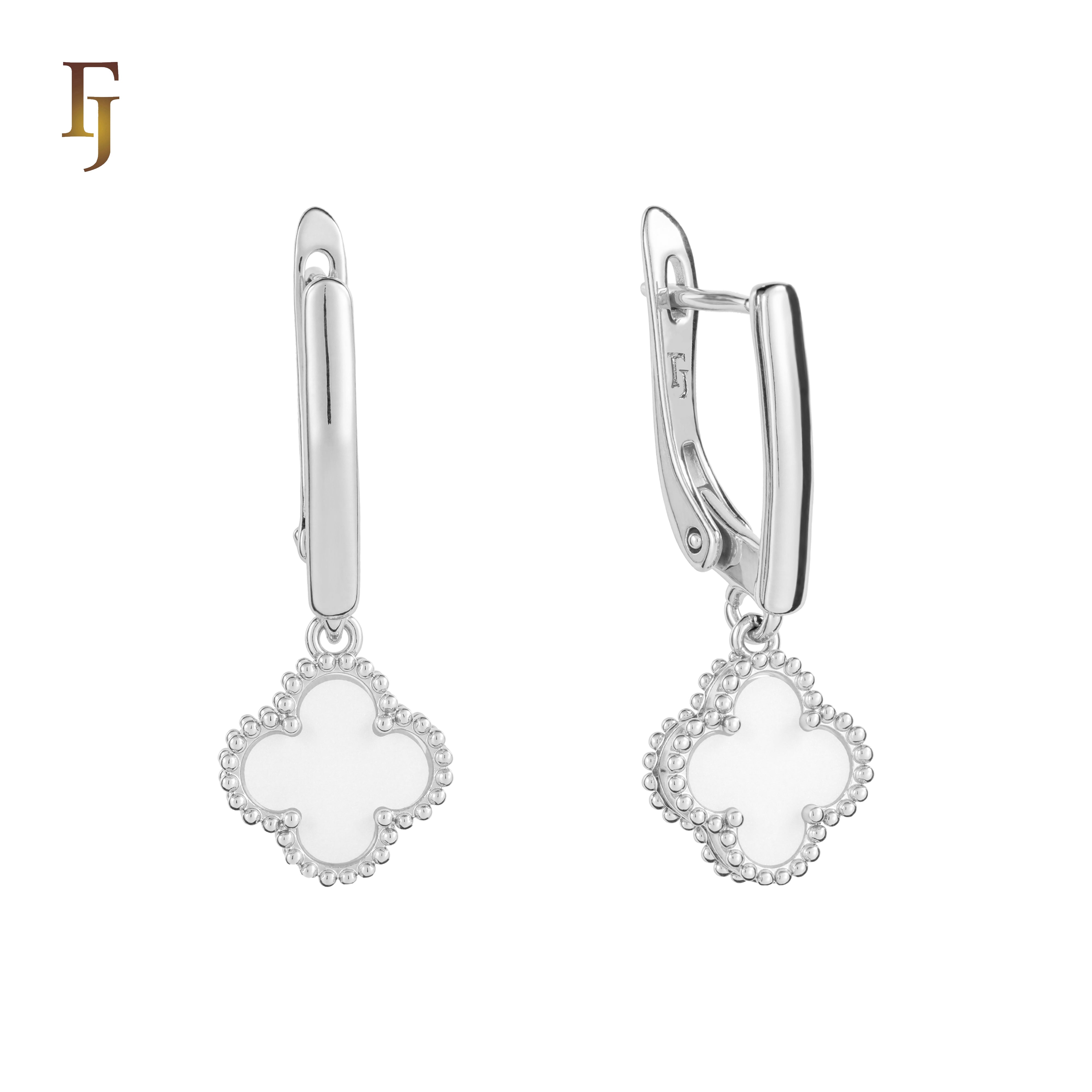 🔥 Rose Gold Drop Earrings with White Clover Charm – Elegant Russian Lock Earrings for Women