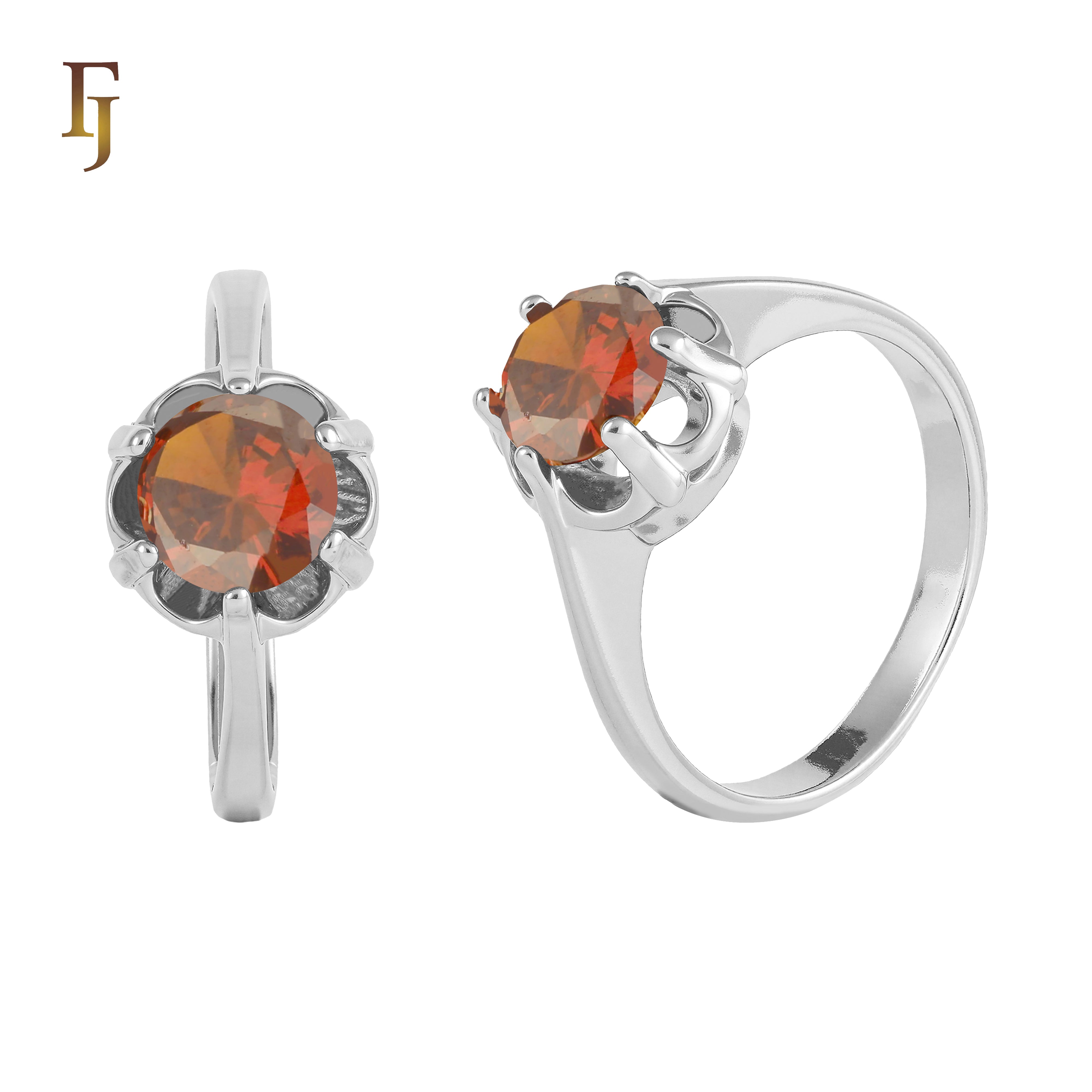 Elegant Silver Ring with Round Orange CZ in Floral Prong Setting – FJ Jewelry