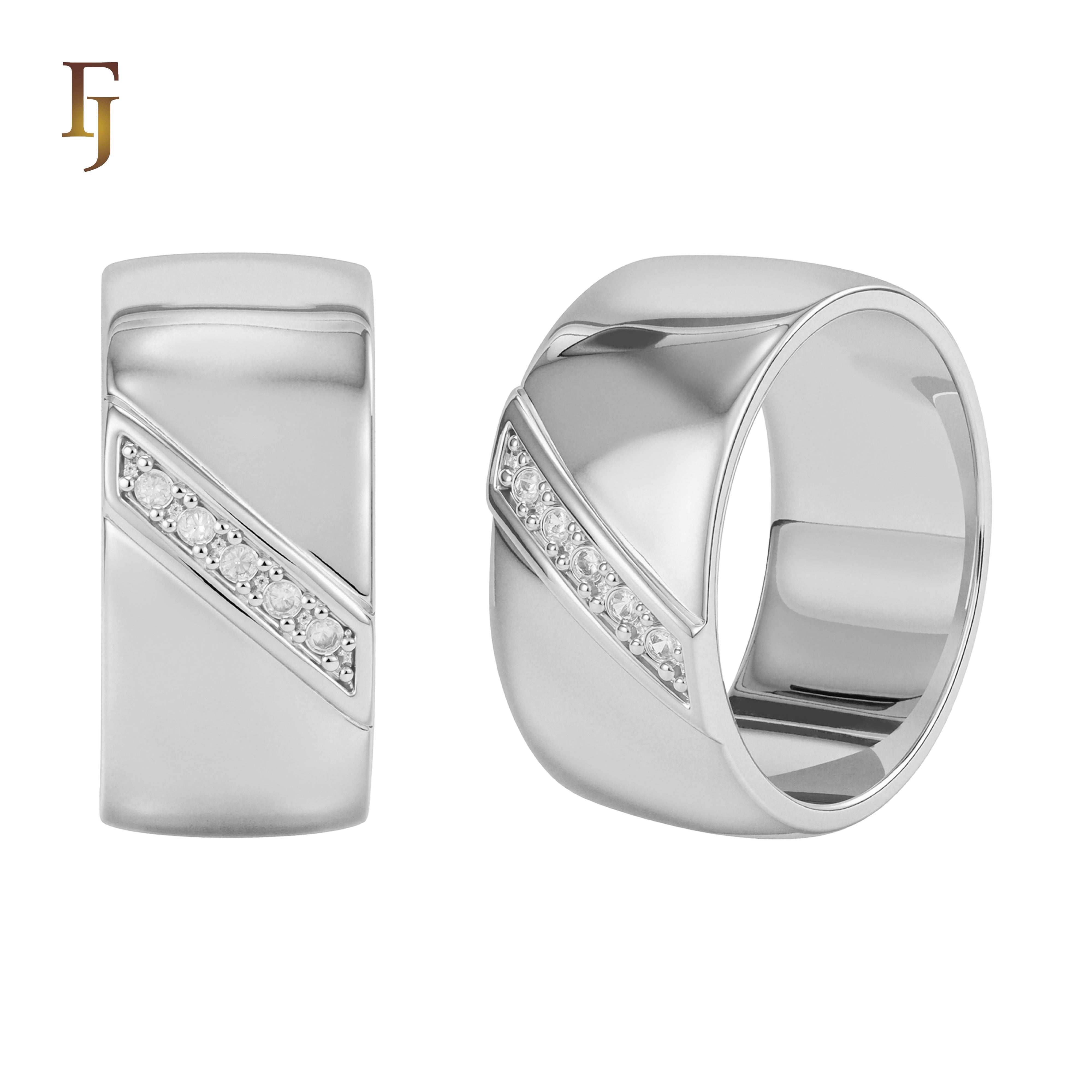 Bold Two-Tone Gold Plated Wide Band Ring with Diagonal CZ Inlay for Men or Unisex