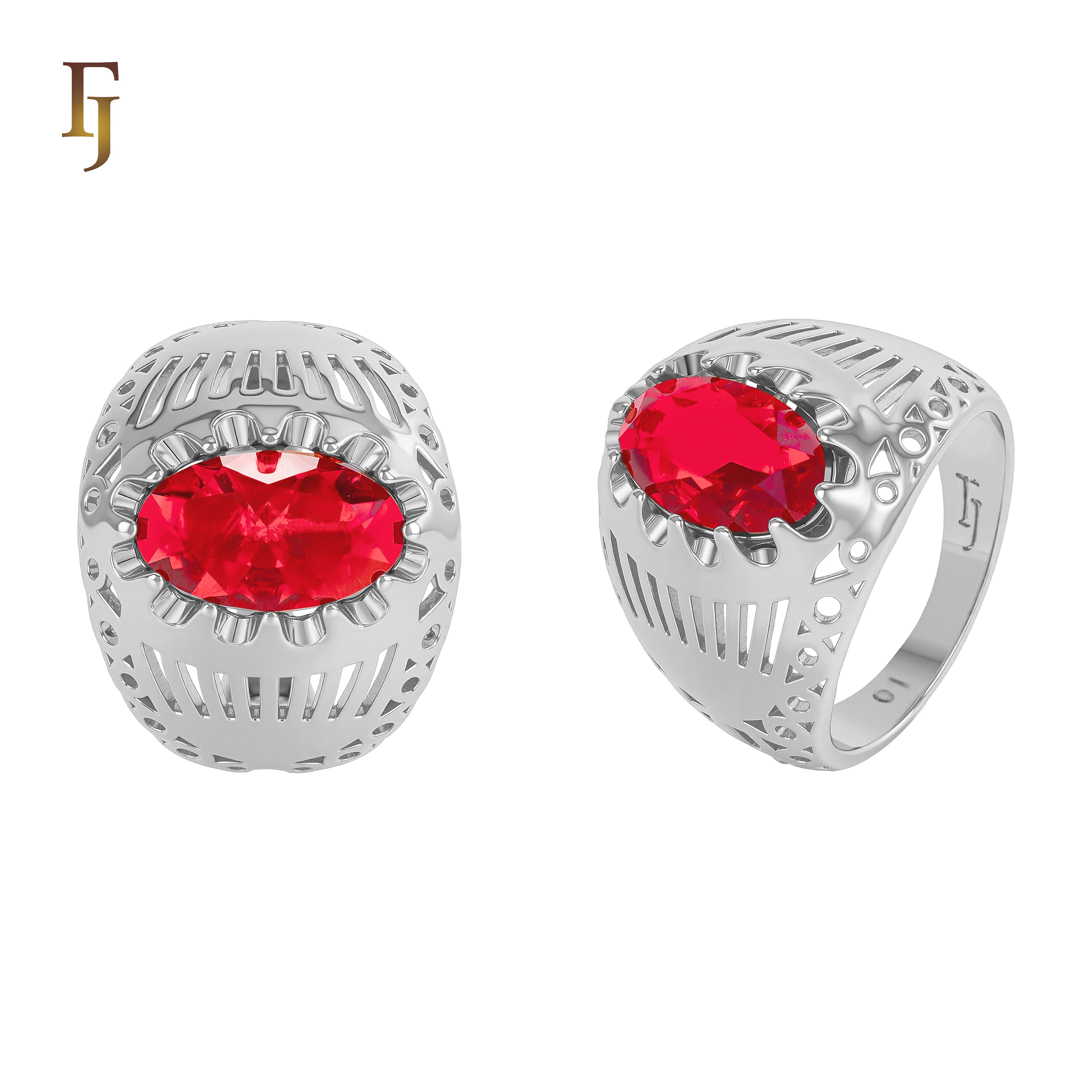 Red Oval Stone Men’s Ring – Rose Gold Plated Statement Ring with Cut-Out Design, Vintage Luxury Style