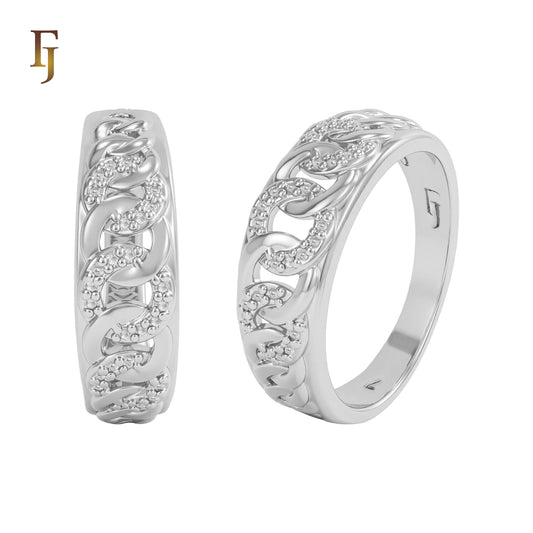 Stylish Silver Chain Link Ring with Polished and Textured Detailing – Fashion Jewelry by FJ