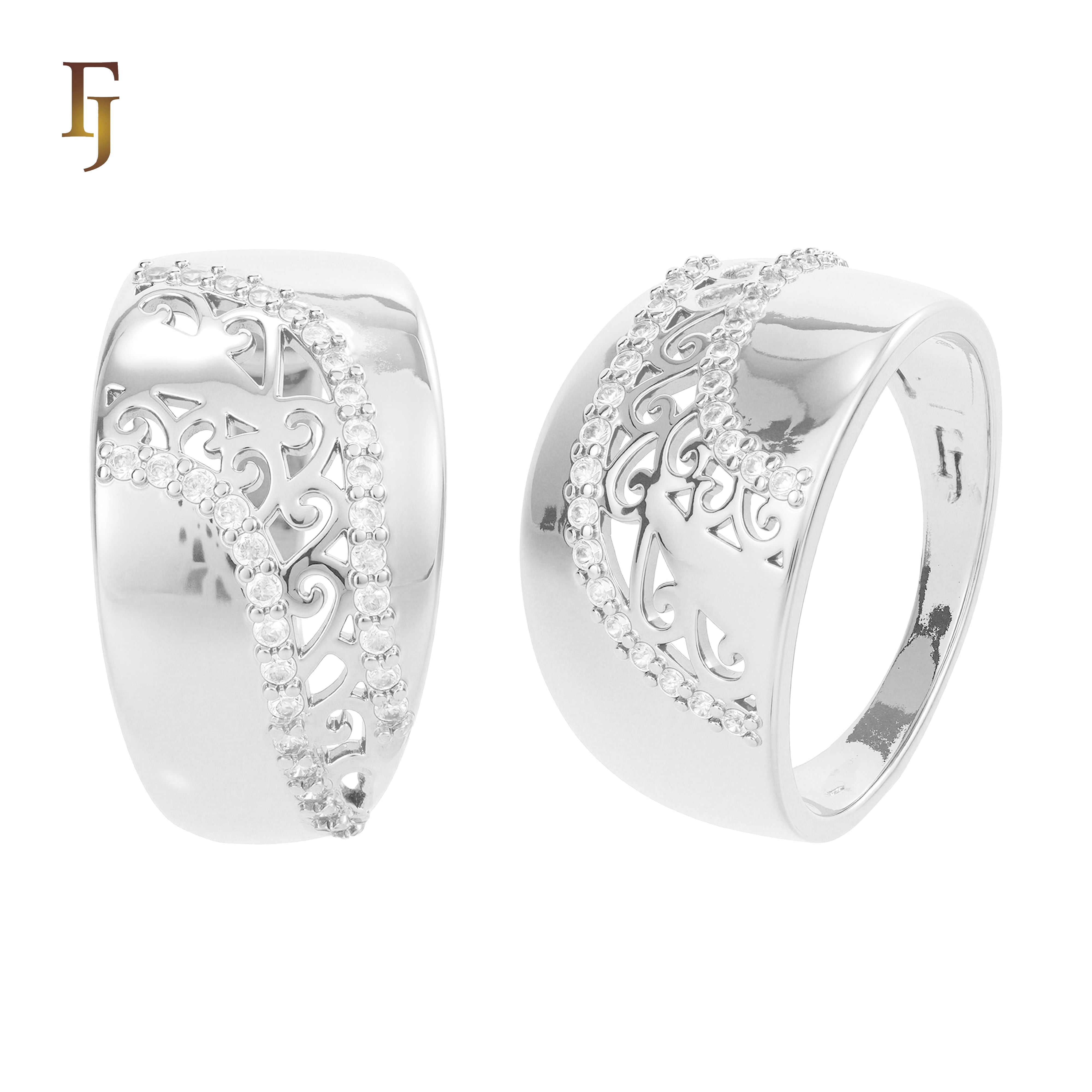 Elegant Silver Wide Band Ring with Filigree Cutout and CZ Accents – FJ Jewelry