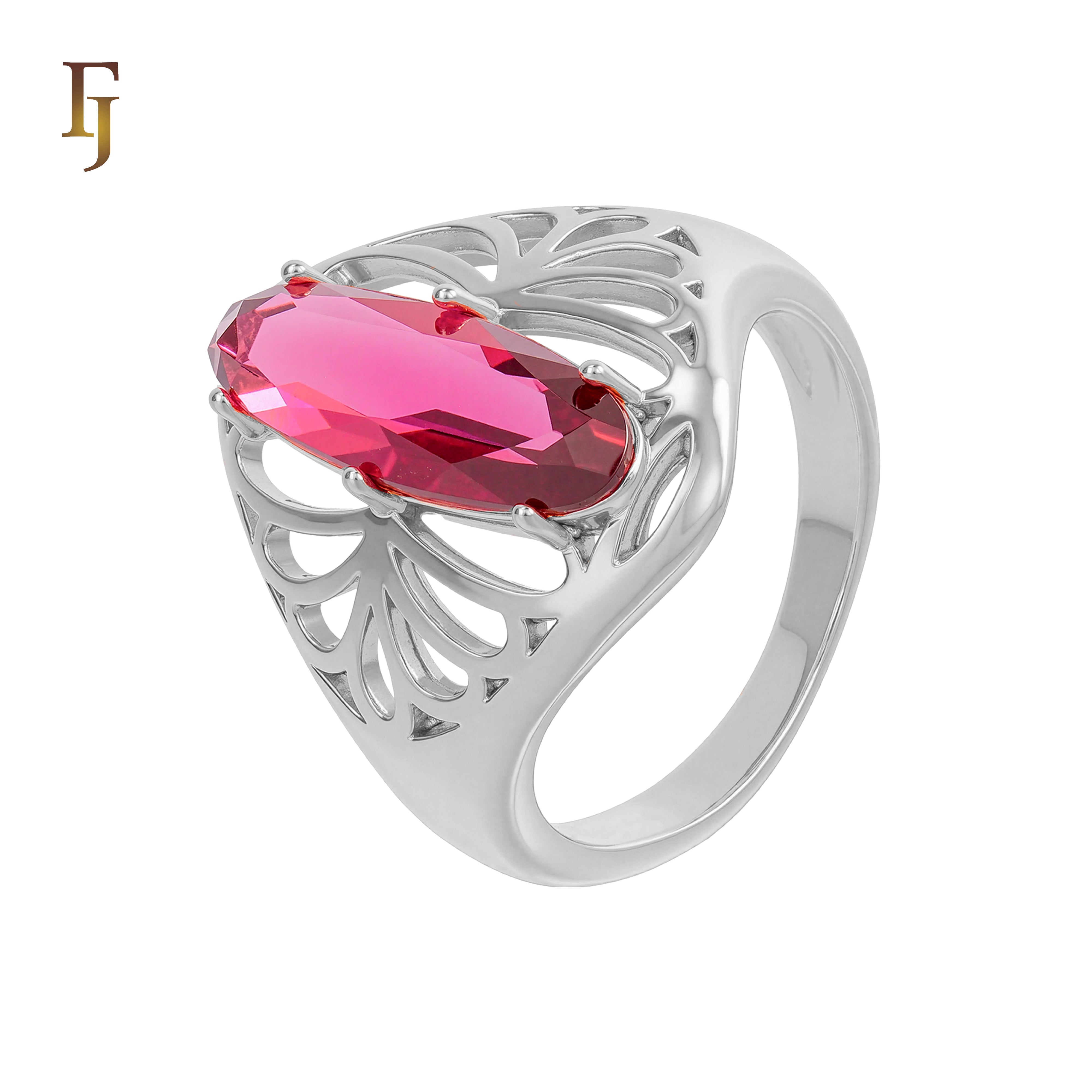 Long Oval Fuchsia Stone Ring in Openwork Silver Design – Elegant Statement Jewelry – FJ Jewelry