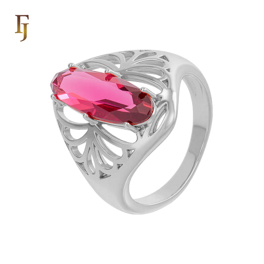 Long Oval Fuchsia Stone Ring in Openwork Silver Design – Elegant Statement Jewelry – FJ Jewelry