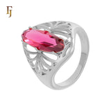 Long Oval Fuchsia Stone Ring in Openwork Silver Design – Elegant Statement Jewelry – FJ Jewelry