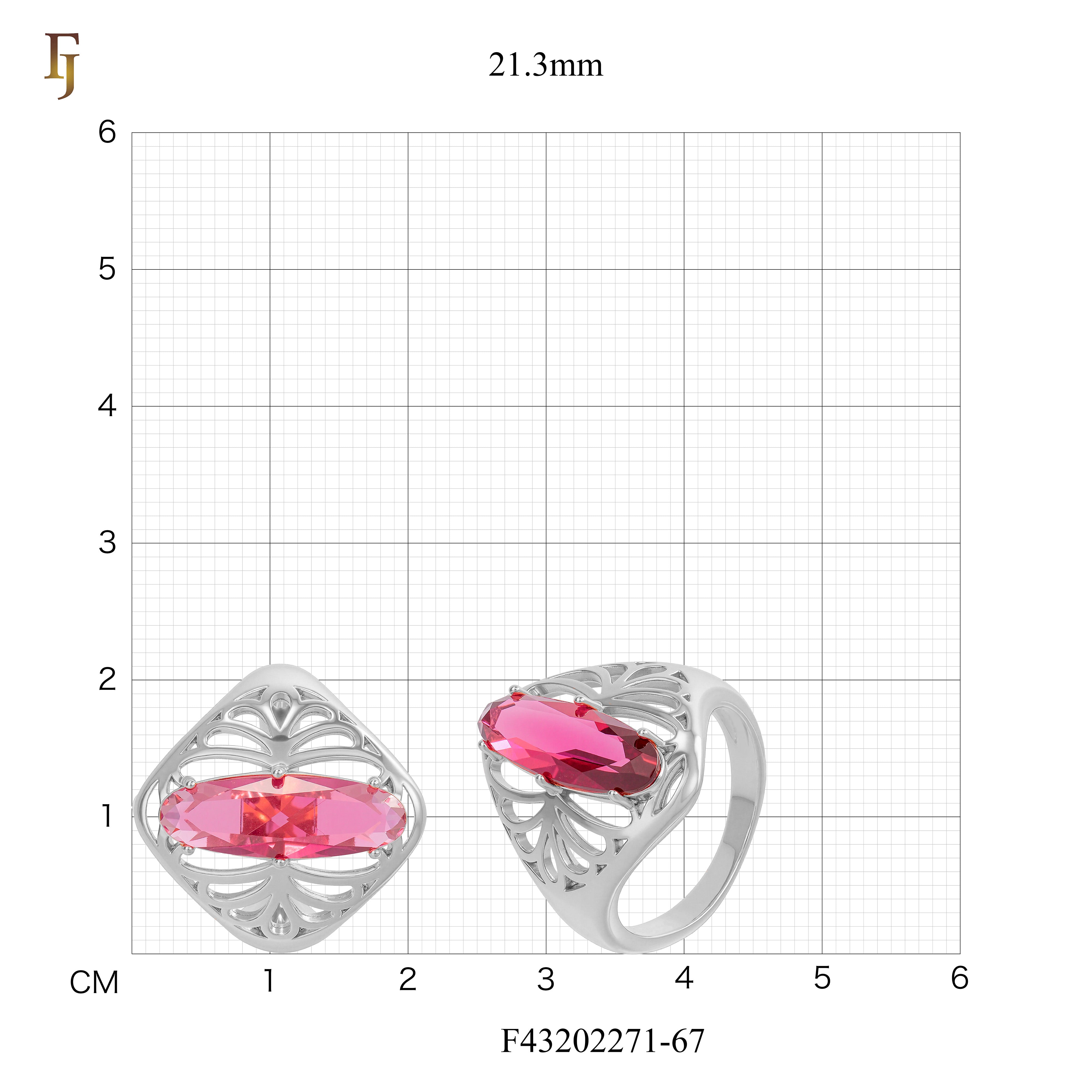 Long Oval Fuchsia Stone Ring in Openwork Silver Design – Elegant Statement Jewelry – FJ Jewelry