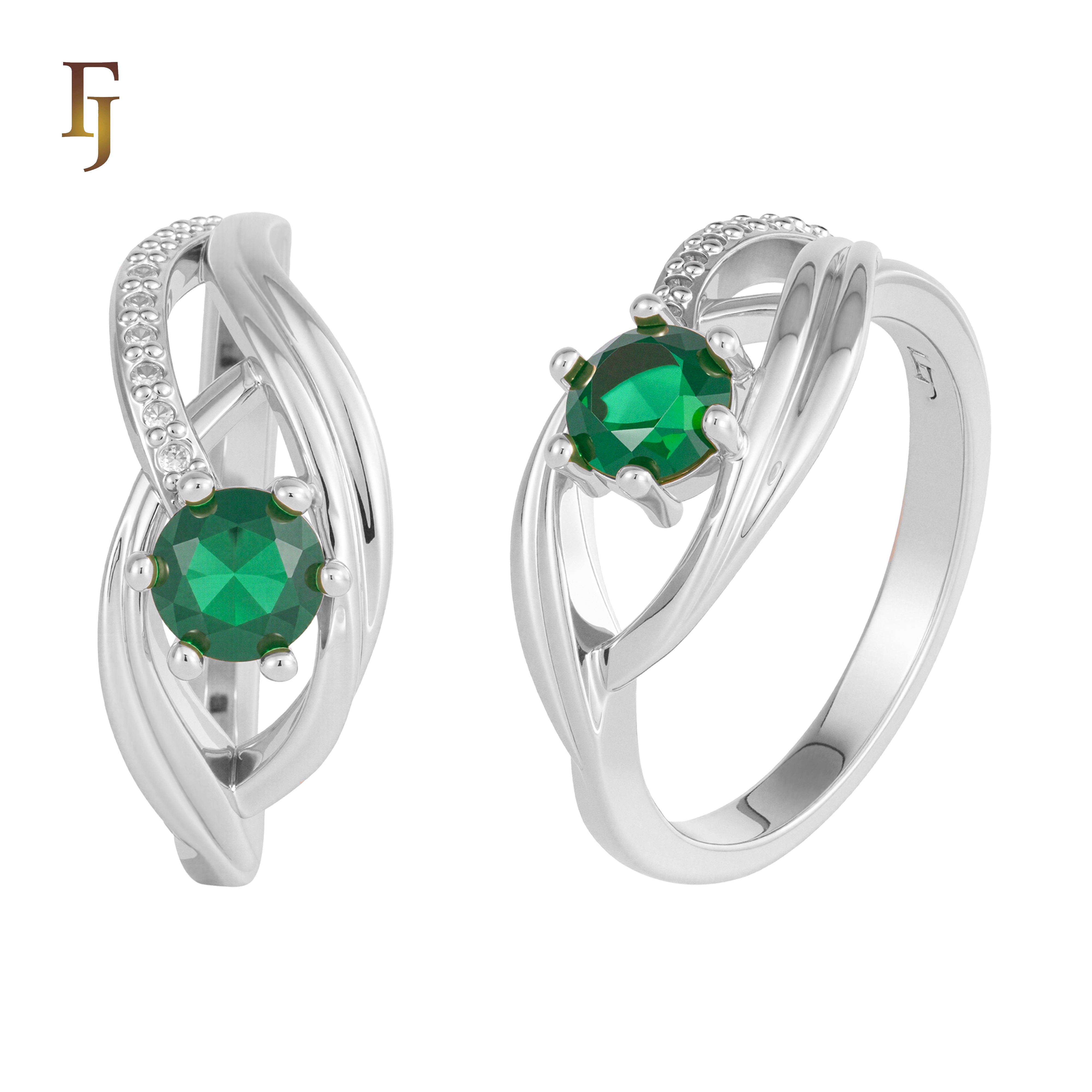 Silver Twist Band Ring with Green Round CZ and Pave Accents – FJ Jewelry