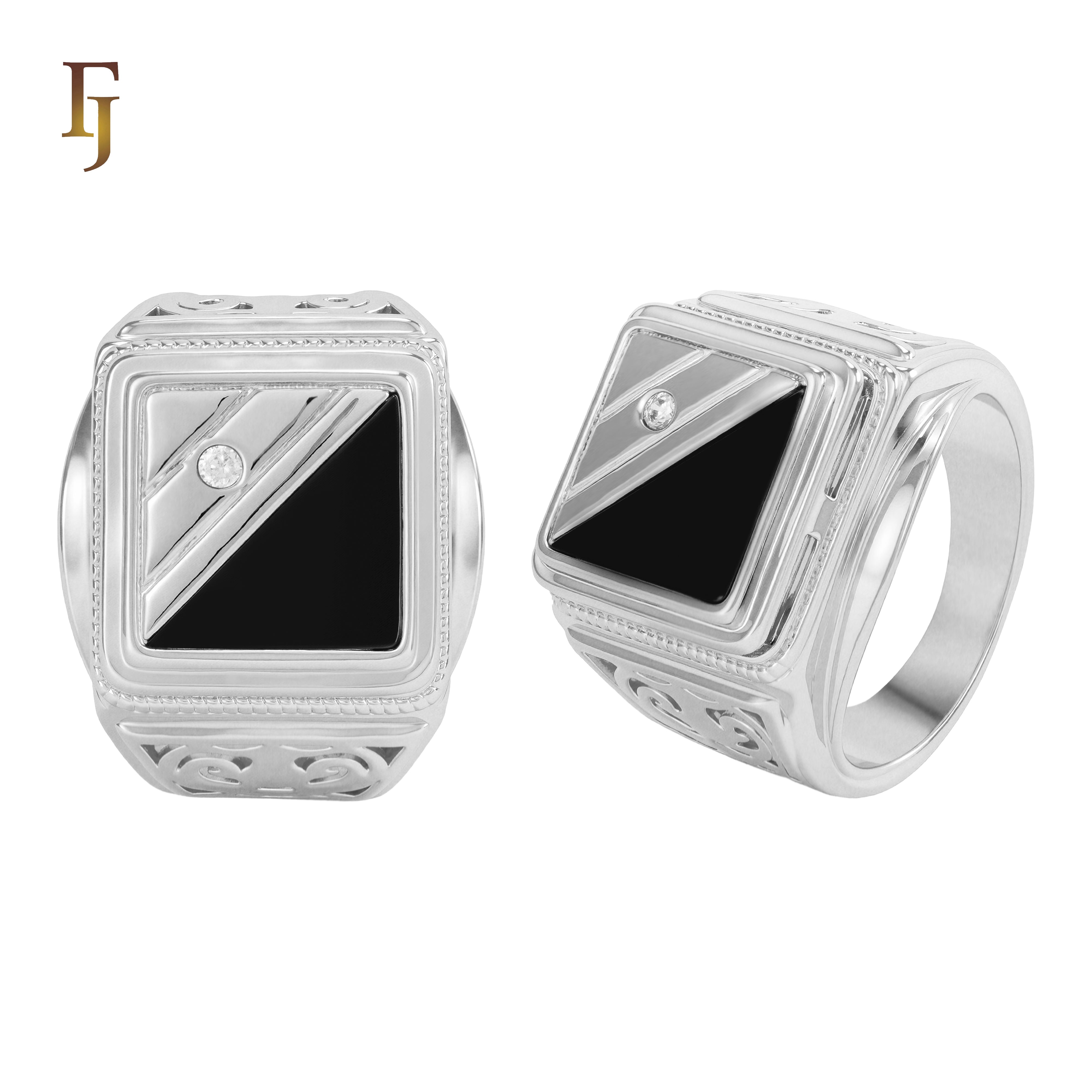 Square Black Onyx Men’s Ring – Gold Plated Brass Signet Ring with CZ Accent, Vintage Engraved Sides