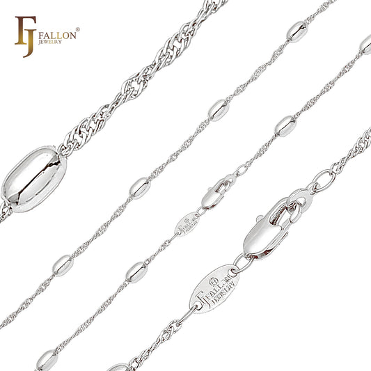 Oval Beads Singapore link chains plated in 14K Gold, Rose Gold, two tone, White Gold