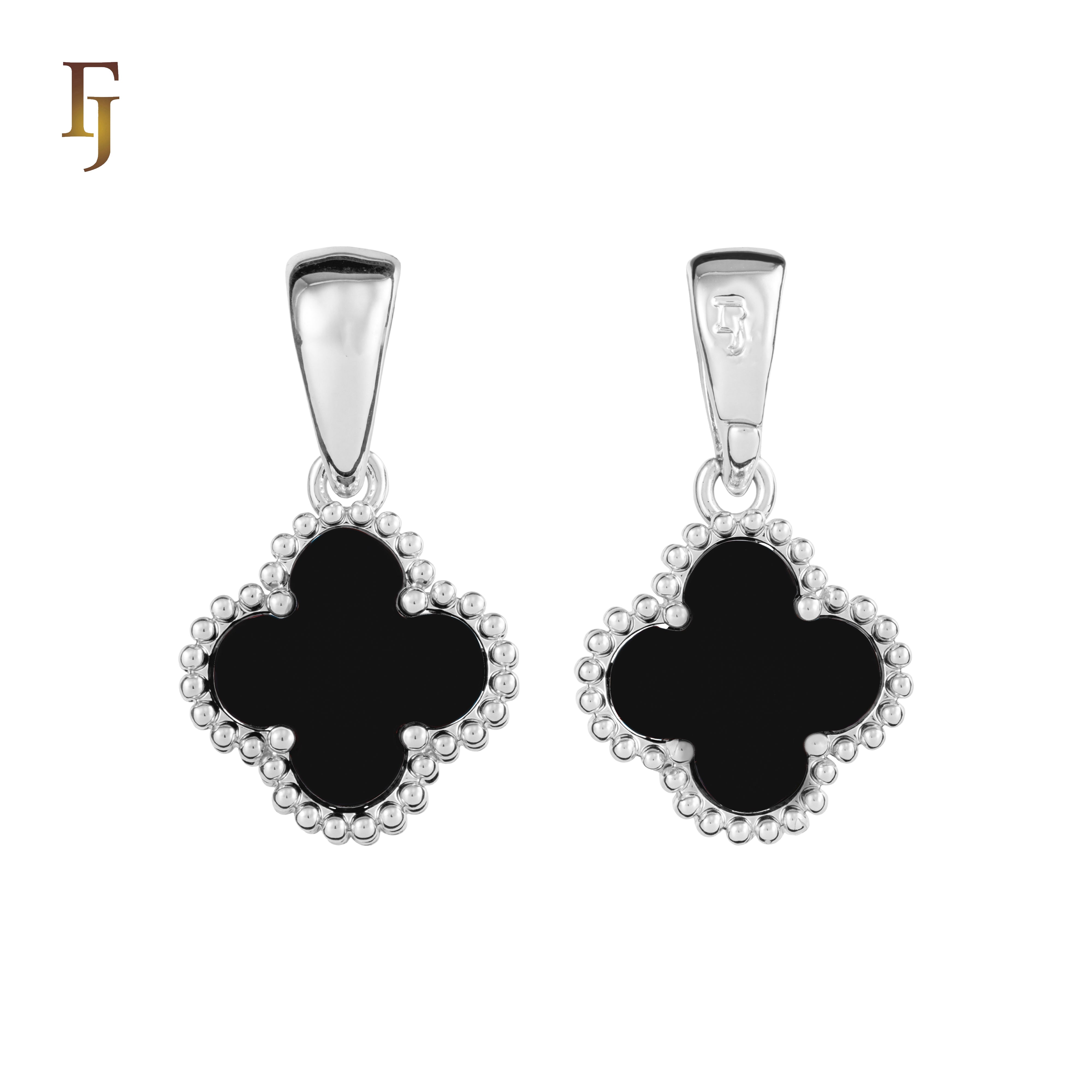 🔥 Clover-Shaped 12mm Colorful Onyx Pendant in Beaded Frame, 14K Gold, Rose Gold, White Gold Plated Brass | FJ Fashion Jewelry
