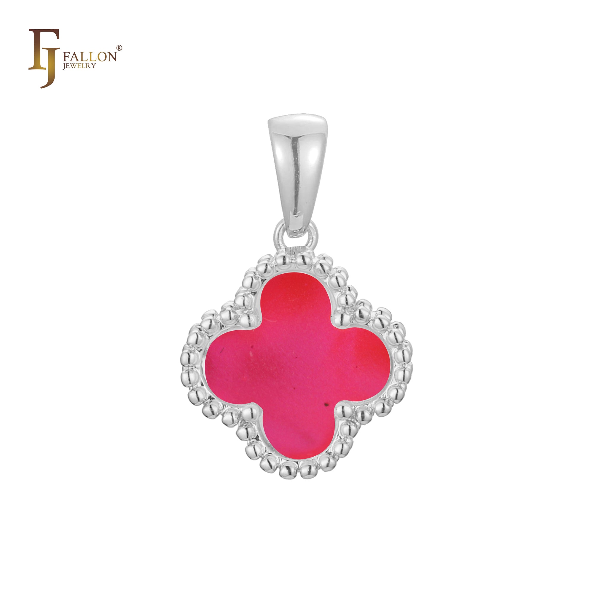 🔥 Clover-Shaped 12mm Colorful Onyx Pendant in Beaded Frame, 14K Gold, Rose Gold, White Gold Plated Brass | FJ Fashion Jewelry