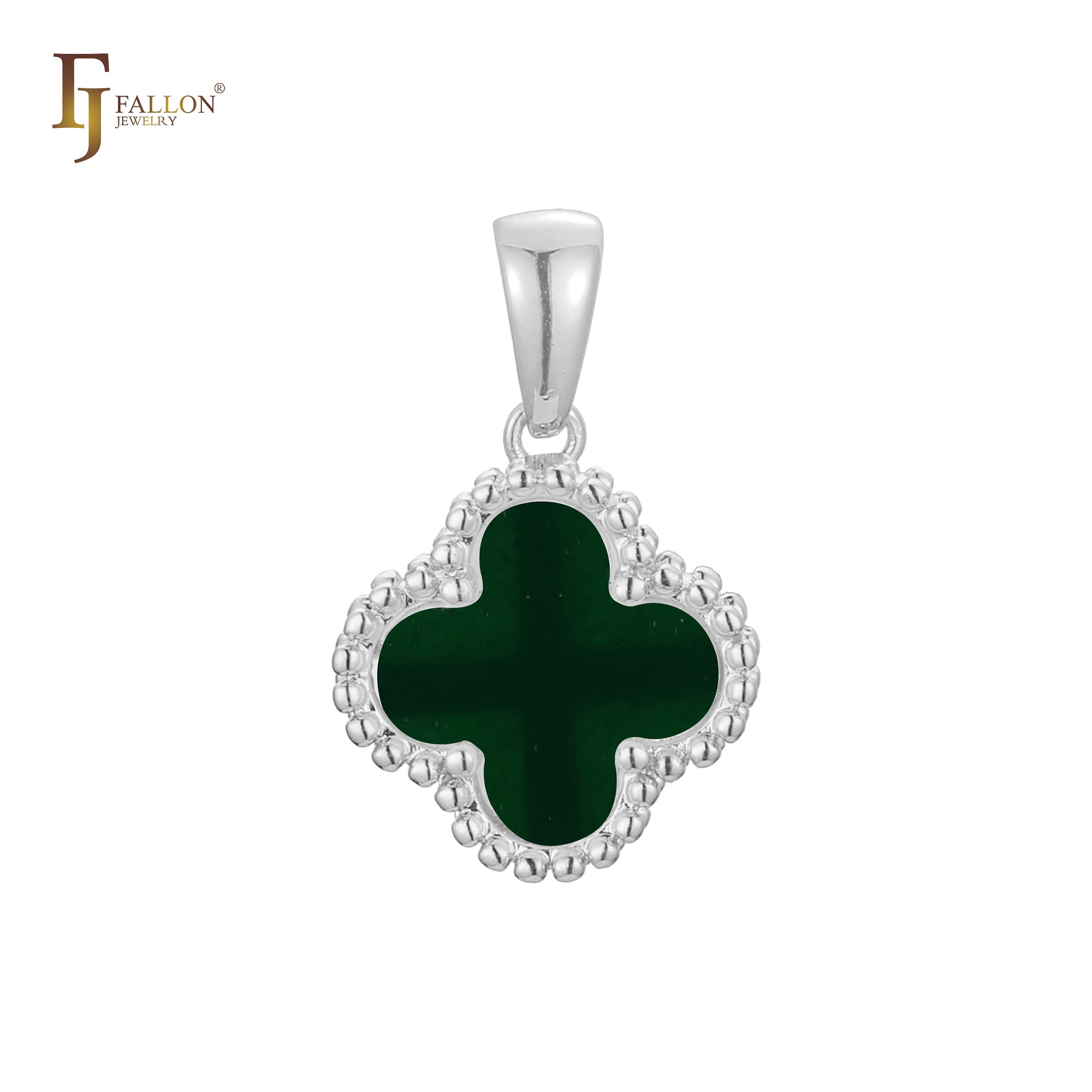 🔥 Clover-Shaped 12mm Colorful Onyx Pendant in Beaded Frame, 14K Gold, Rose Gold, White Gold Plated Brass | FJ Fashion Jewelry