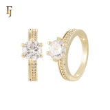 Solitaire white CZs band single paved white CZs 14K Gold, Rose Gold Wedding Set Rings
