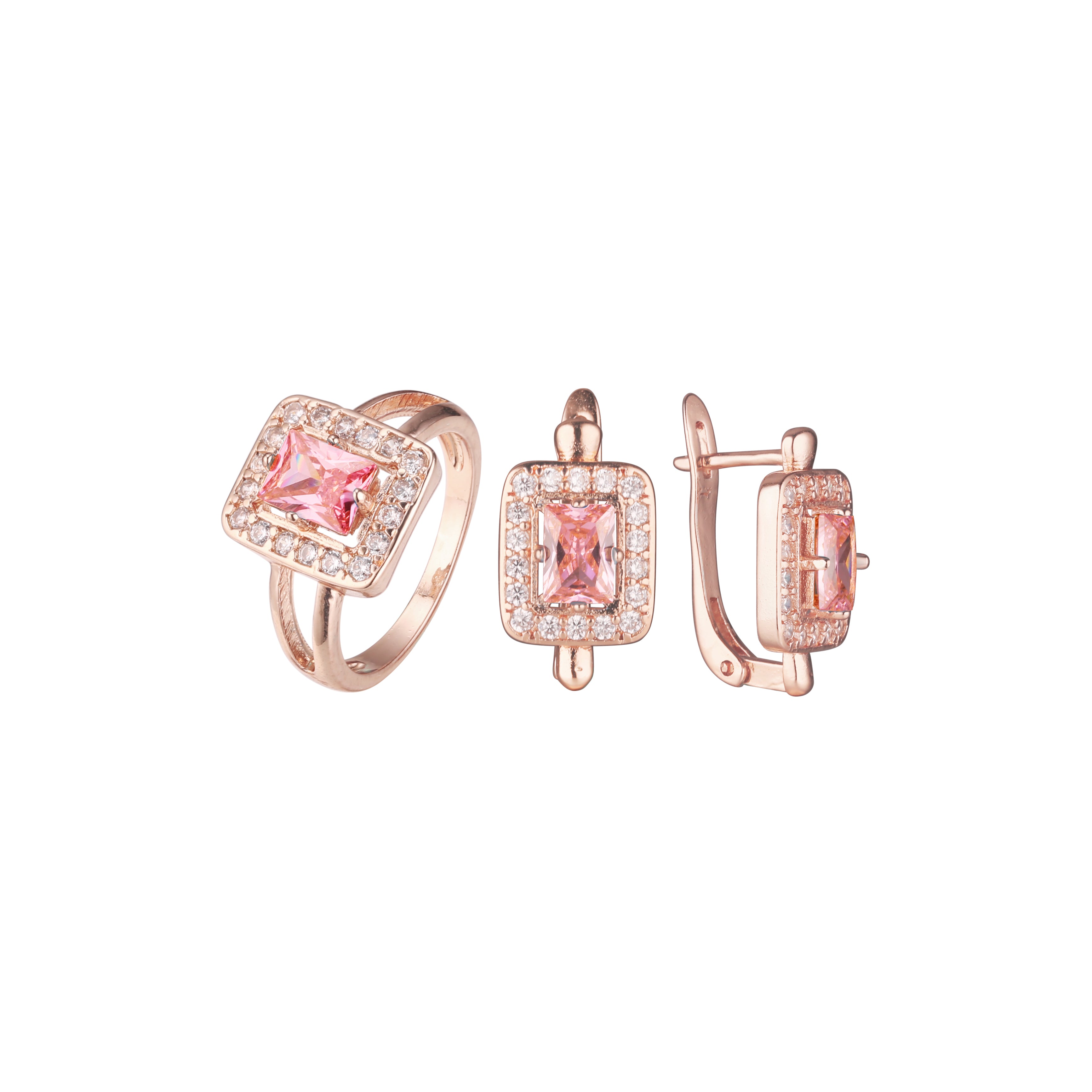 Conjunto de joias em ouro rosa com pedras esmeralda lapidadas com halo branco cz