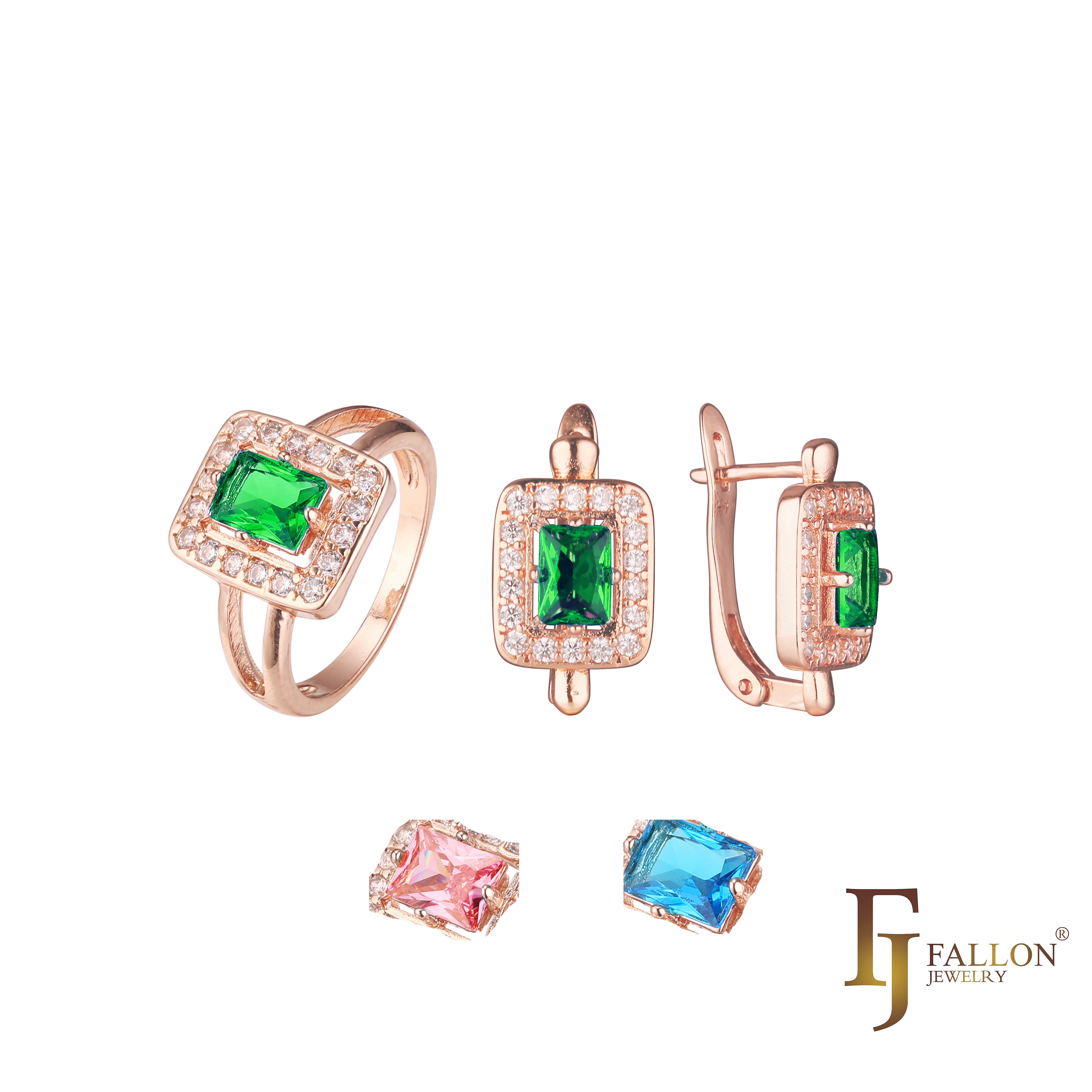 Conjunto de joias em ouro rosa com pedras esmeralda lapidadas com halo branco cz