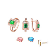 Conjunto de joias em ouro rosa com pedras esmeralda lapidadas com halo branco cz