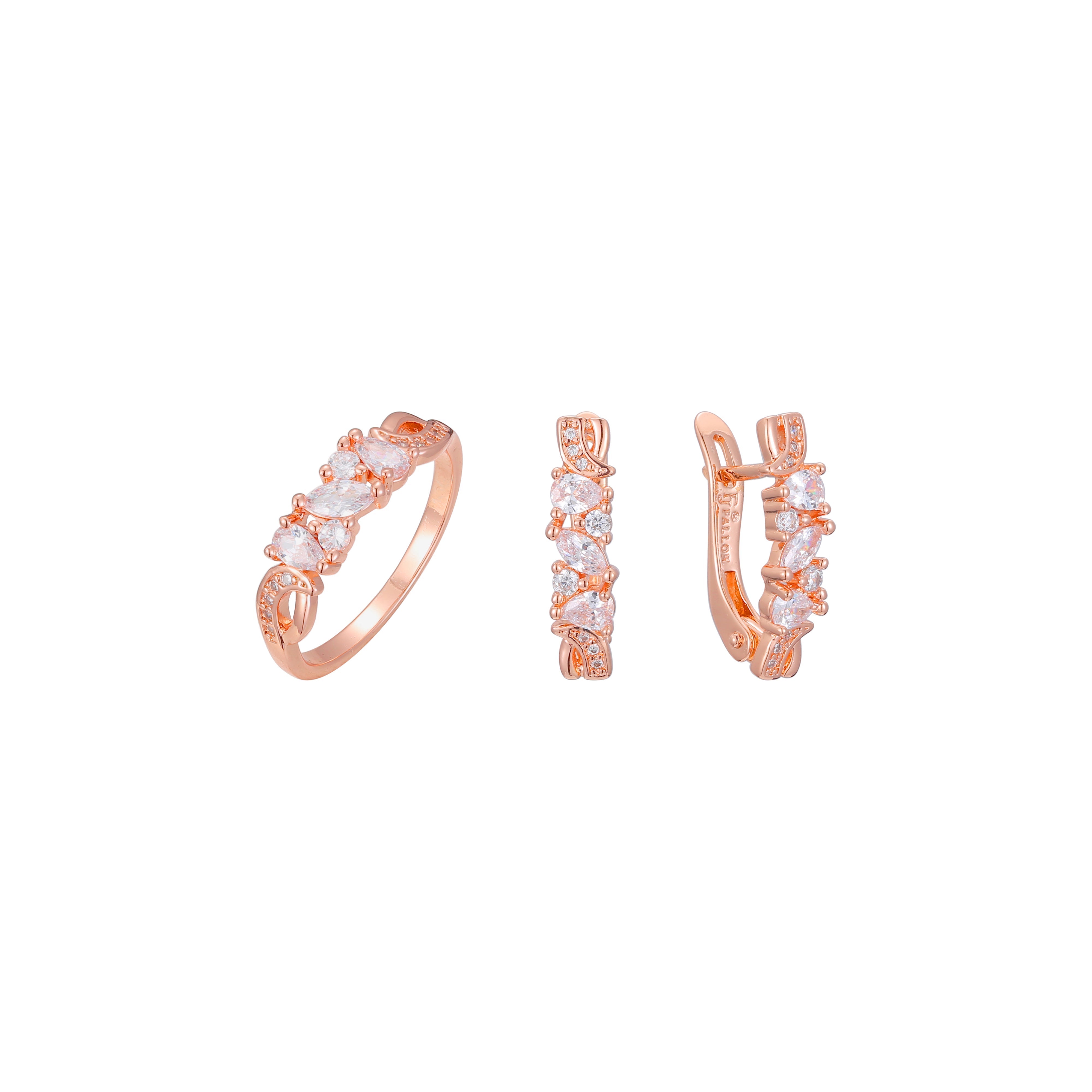 Lujoso juego de joyas de anillos de racimo chapados en oro rosa.