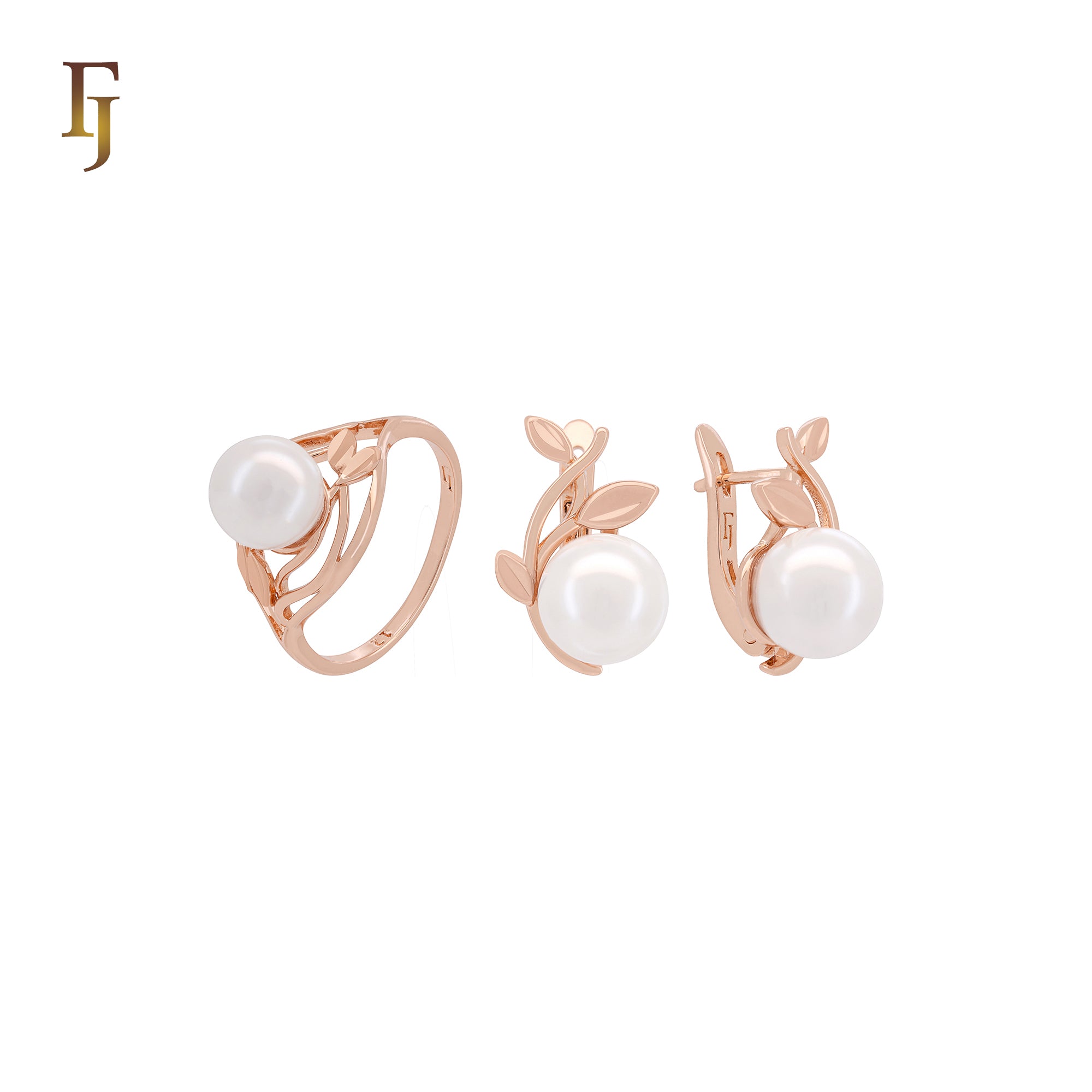 Pearl of silver leaves Rose Gold two tone Jewelry Set with Rings