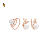 Pearl of silver leaves Rose Gold two tone Jewelry Set with Rings