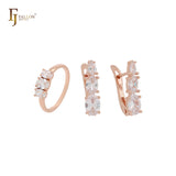 Conjunto de joyas de oro rosa con triple racimo de circonitas azul océano y anillos