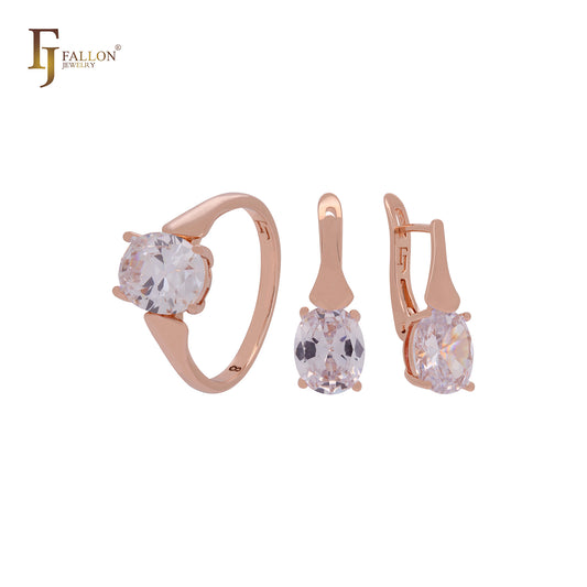 Four claws solitaire oval pink CZ Rose Gold Jewelry Set with Rings