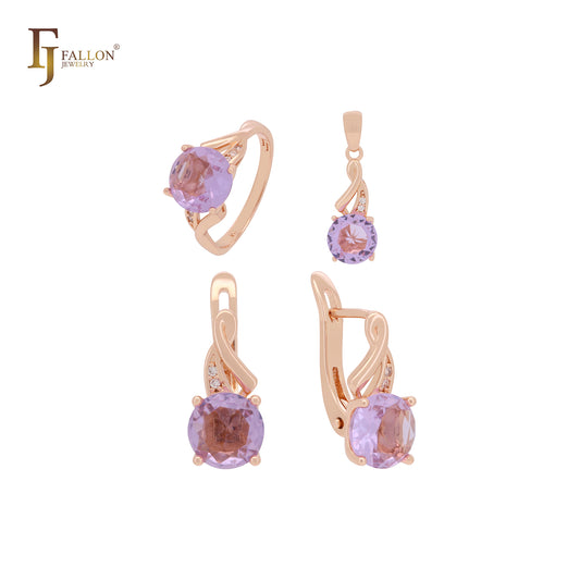 Conjunto completo de joyas de oro rosa con circonita cúbica roja y morada, gran solitario, con anillos y colgante