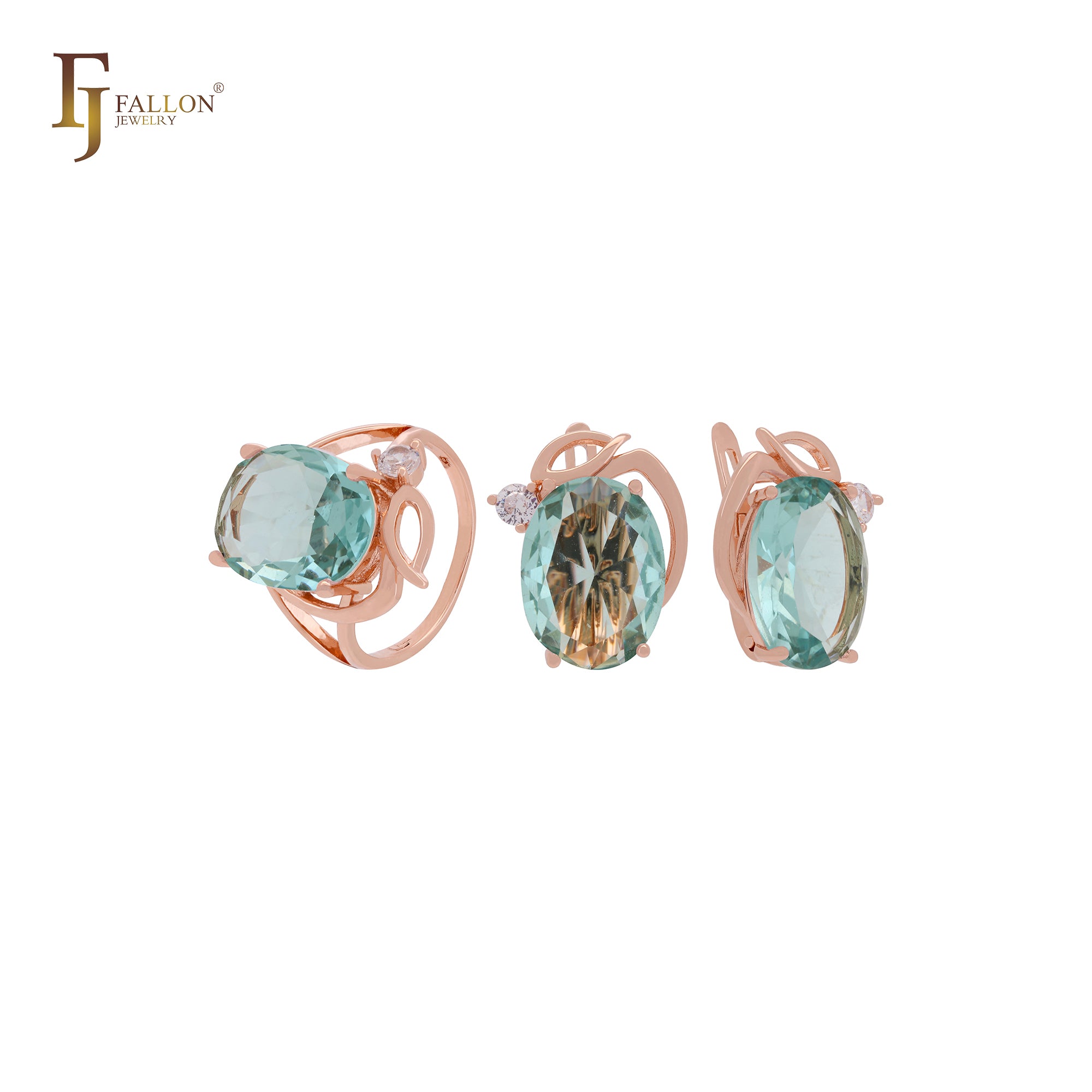 Riesiger ovaler großer Solitär mit weißen, orangefarbenen oder seeblauen Zirkonia. Luxuriöses Schmuckset aus Roségold mit Ringen